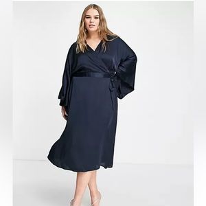 TFNC KIMONO SLEEVE SATIN WRAP MIDI PARTY DRESS - NAVY BLUE - (20)PLUS SIZE